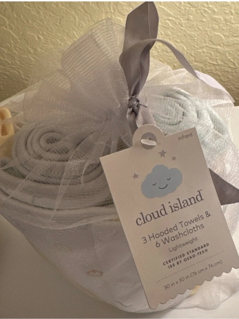 cloud island White Baby Towel & Washcloth Gift Set with Gray Ribbon